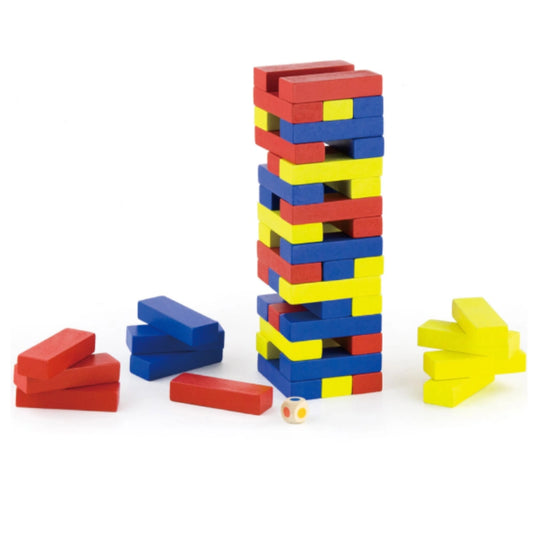 RGS wooden block tower dice game with colorful wooden blocks and color dice on white background