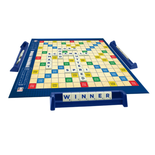 RGS Word Scramble crossword word board game with tile racks and letter tiles, 2–4 players