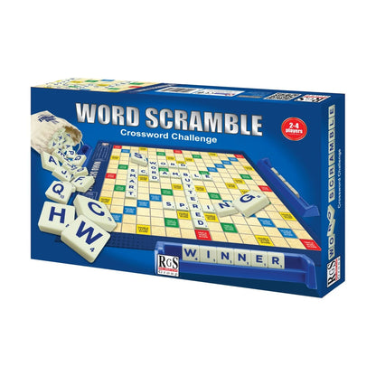 RGS Word Scramble Crossword Challenge board game box angled view, word tile game for family game night