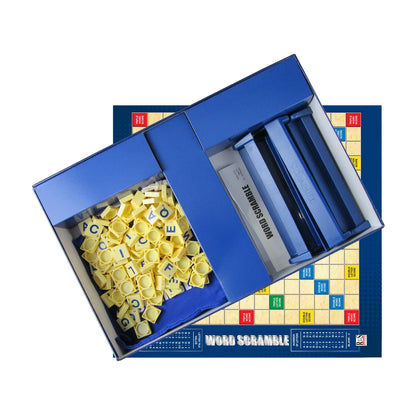 Inside the RGS Word Scramble game box showing letter tiles, tile bag, instructions and tile racks