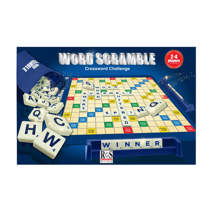 RGS Word Scramble Crossword Challenge board game box front, classic word tile crossword game for 2–4 players