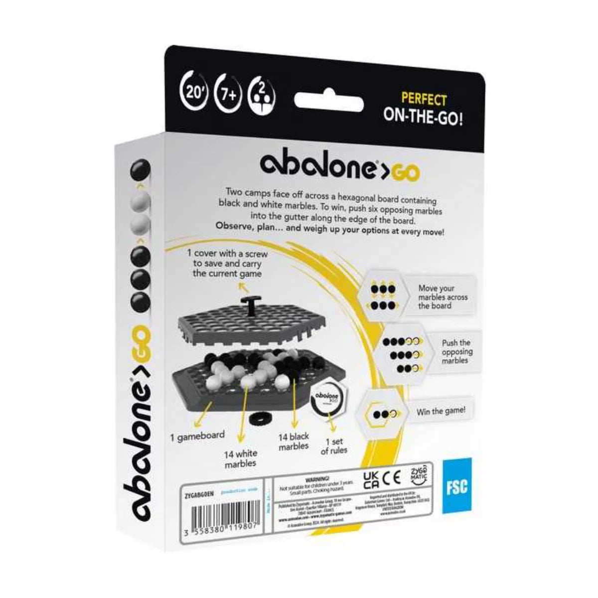 Abalone GO travel strategy game back box with board marbles and gameplay overview
