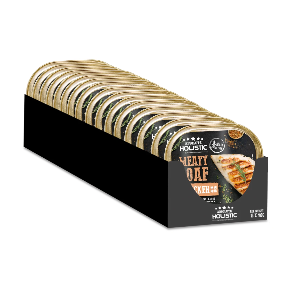 Absolute Holistic Chicken Meaty Loaf Dog Food multipack containing 16 individual 100g trays