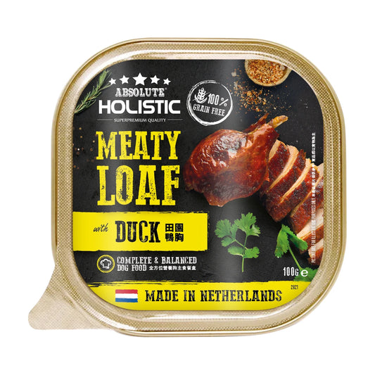 Front of Absolute Holistic Meaty Loaf Duck 100g dog food tray