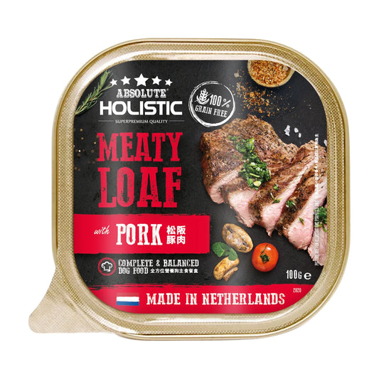 Front of Absolute Holistic Meaty Loaf with Pork 100g dog food tray