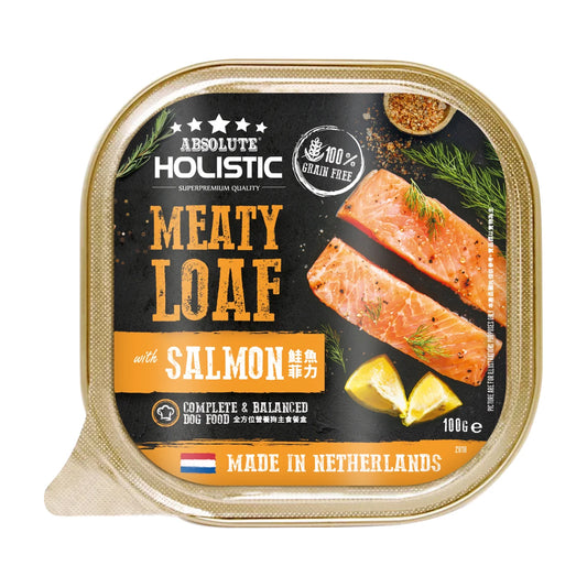 Front of Absolute Holistic Meaty Loaf Salmon 100g dog food tray