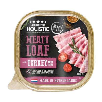 Front of Absolute Holistic Meaty Loaf Turkey 100g dog food tray