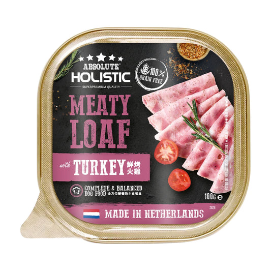 Front of Absolute Holistic Meaty Loaf Turkey 100g dog food tray