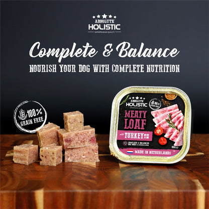 Absolute Holistic Turkey Meaty Loaf 100g grain-free dog food tray with loaf cubes and complete nutrition message