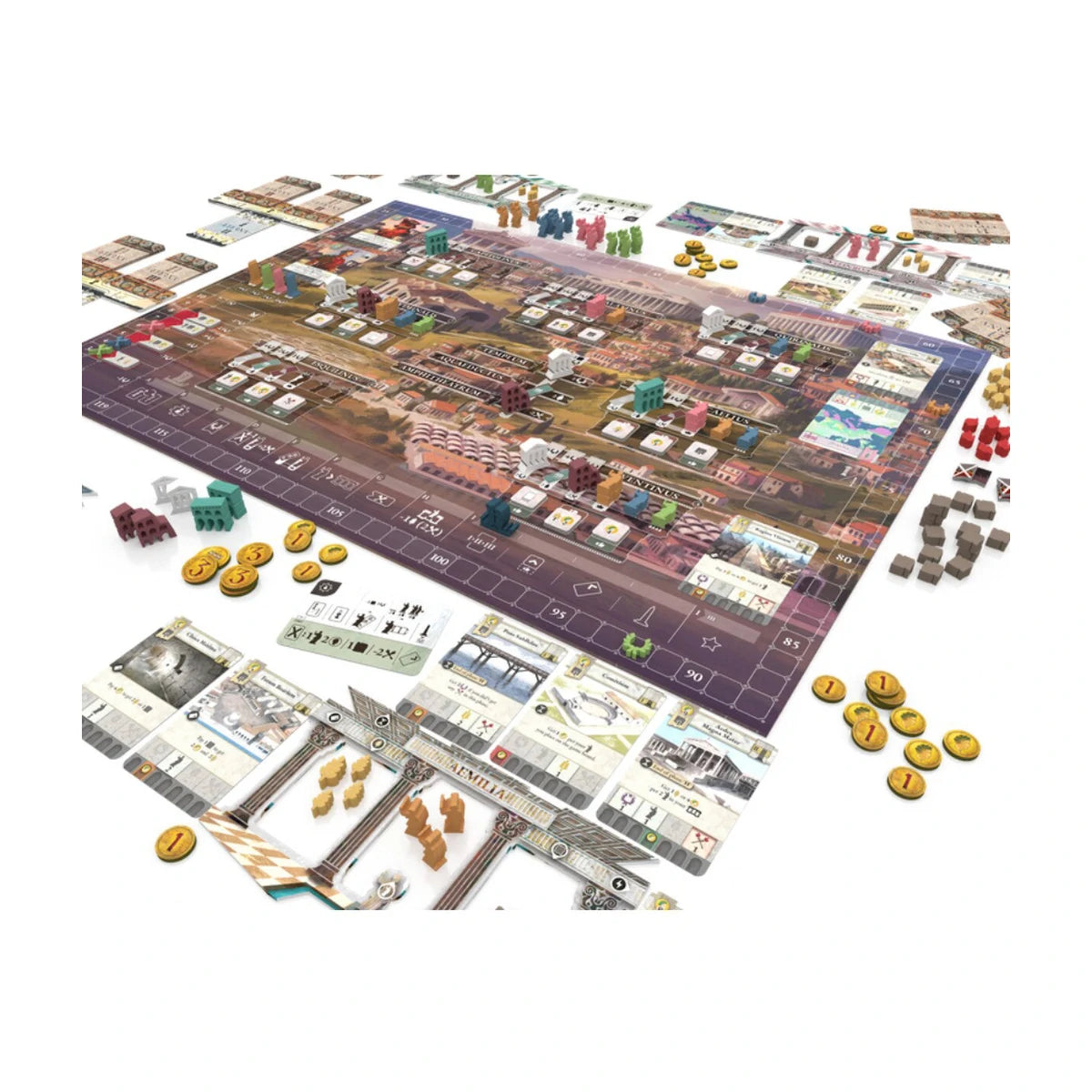 Aeterna strategy board game board setup with cards tokens buildings and player pieces