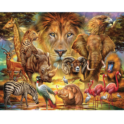 Completed African Wildlife 1500pc jigsaw puzzle artwork with safari animals and sunset scenery