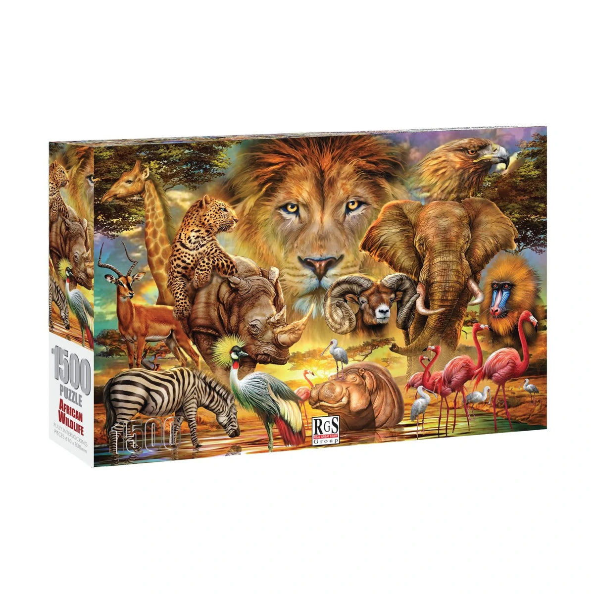 African Wildlife Jigsaw Puzzle 1500pc box featuring lion elephant rhino giraffe zebra and flamingos