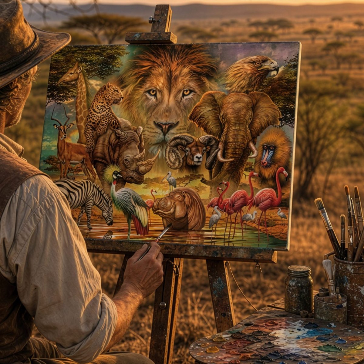 African Wildlife 1500pc jigsaw puzzle artwork displayed on an easel in a safari inspired scene