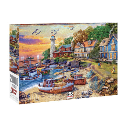RGS Harbour Beach 2000pc jigsaw puzzle box packaging image coastal lighthouse harbour scene