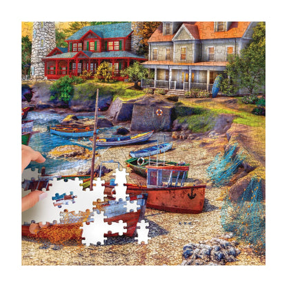 Harbour Beach 2000pc puzzle in progress close up showing interlocking pieces boats and shoreline detail