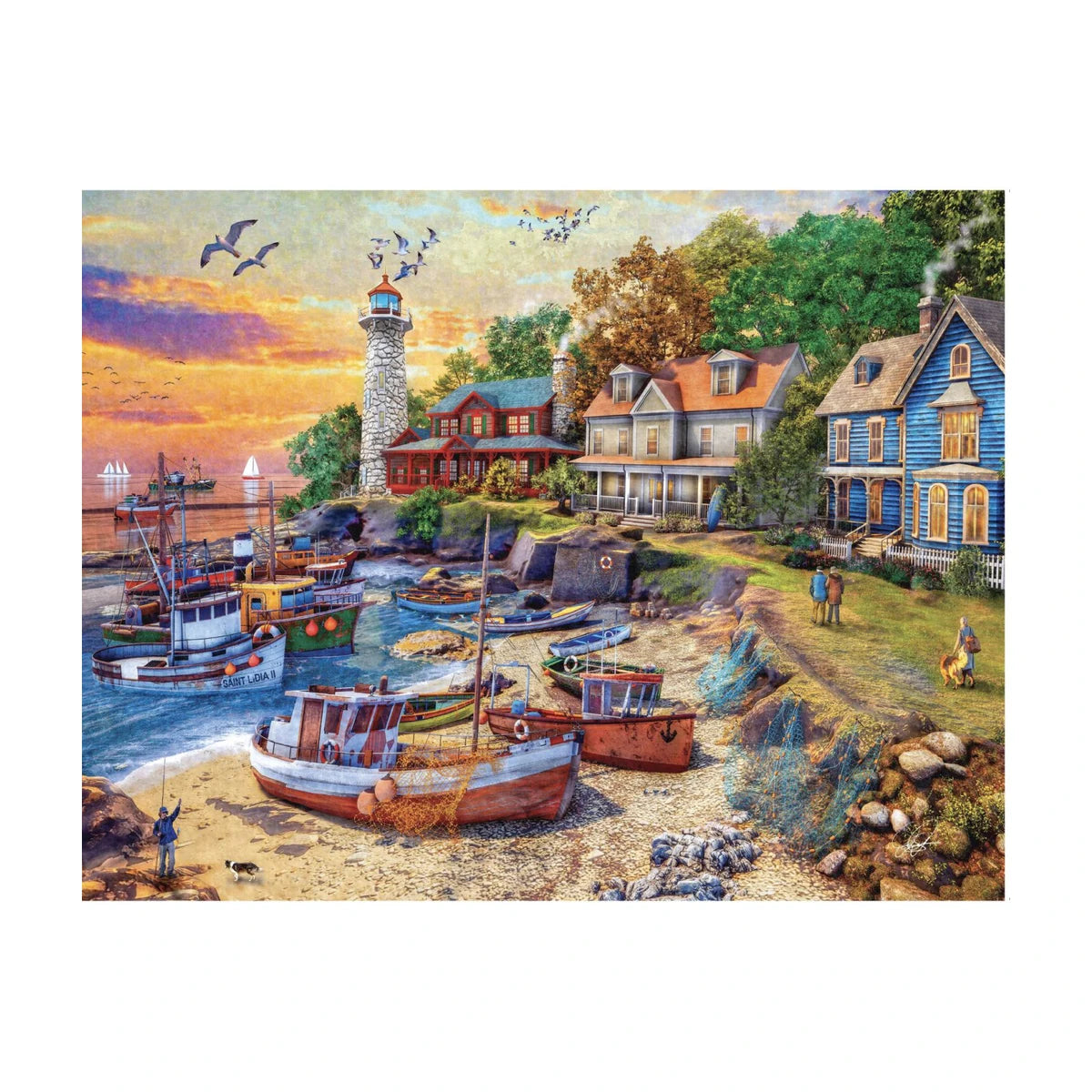 RGS Harbour Beach 2000 piece jigsaw puzzle studio image coastal harbour village lighthouse boats