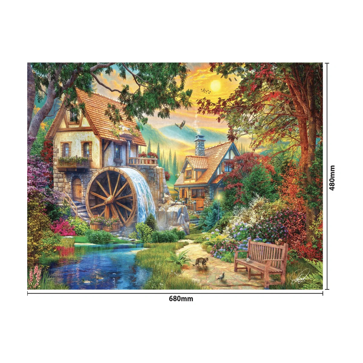 Watermill Sunset 1000pc puzzle finished size 680 x 480mm dimensions guide