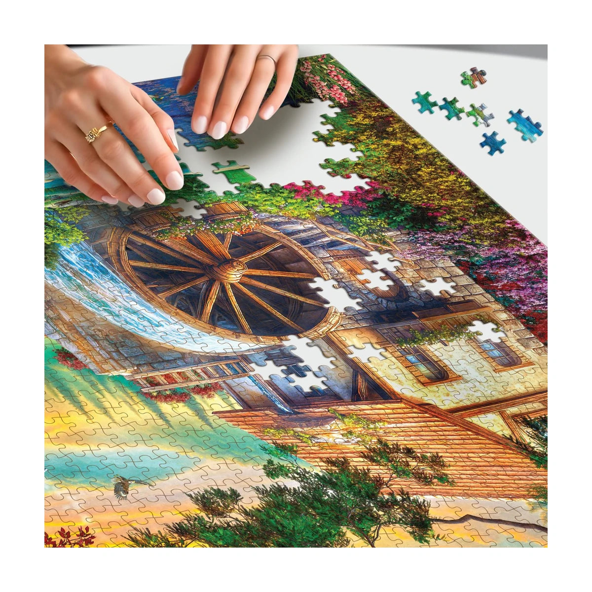 Watermill Sunset 1000pc puzzle in progress lifestyle image soft touch no glare pieces