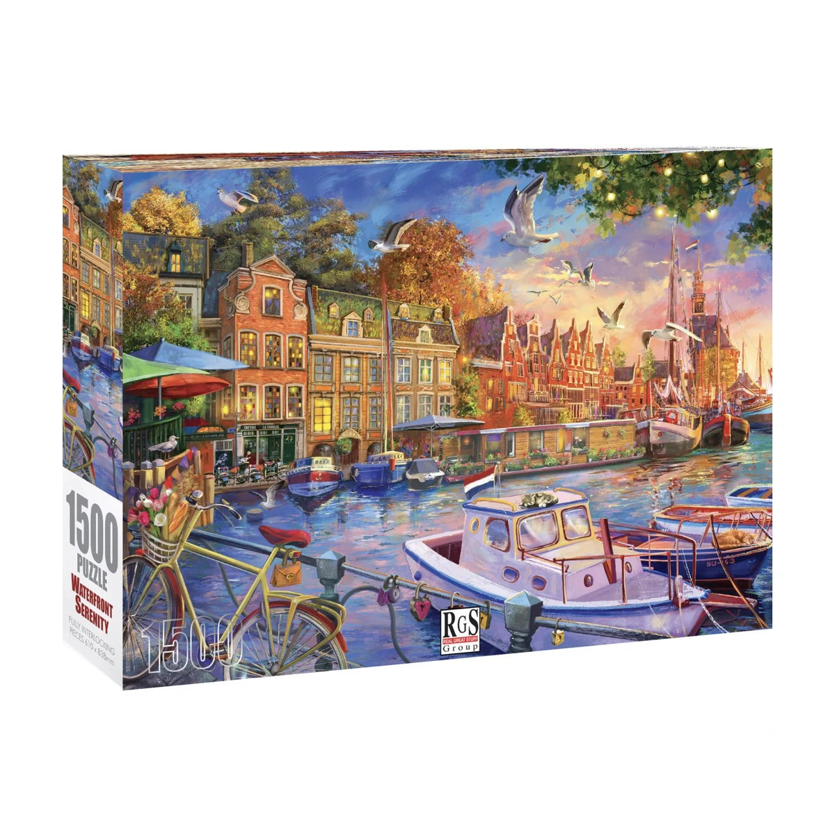RGS Waterfront Serenity 1500pc puzzle box showing the harbour sunset artwork and 1500 piece count