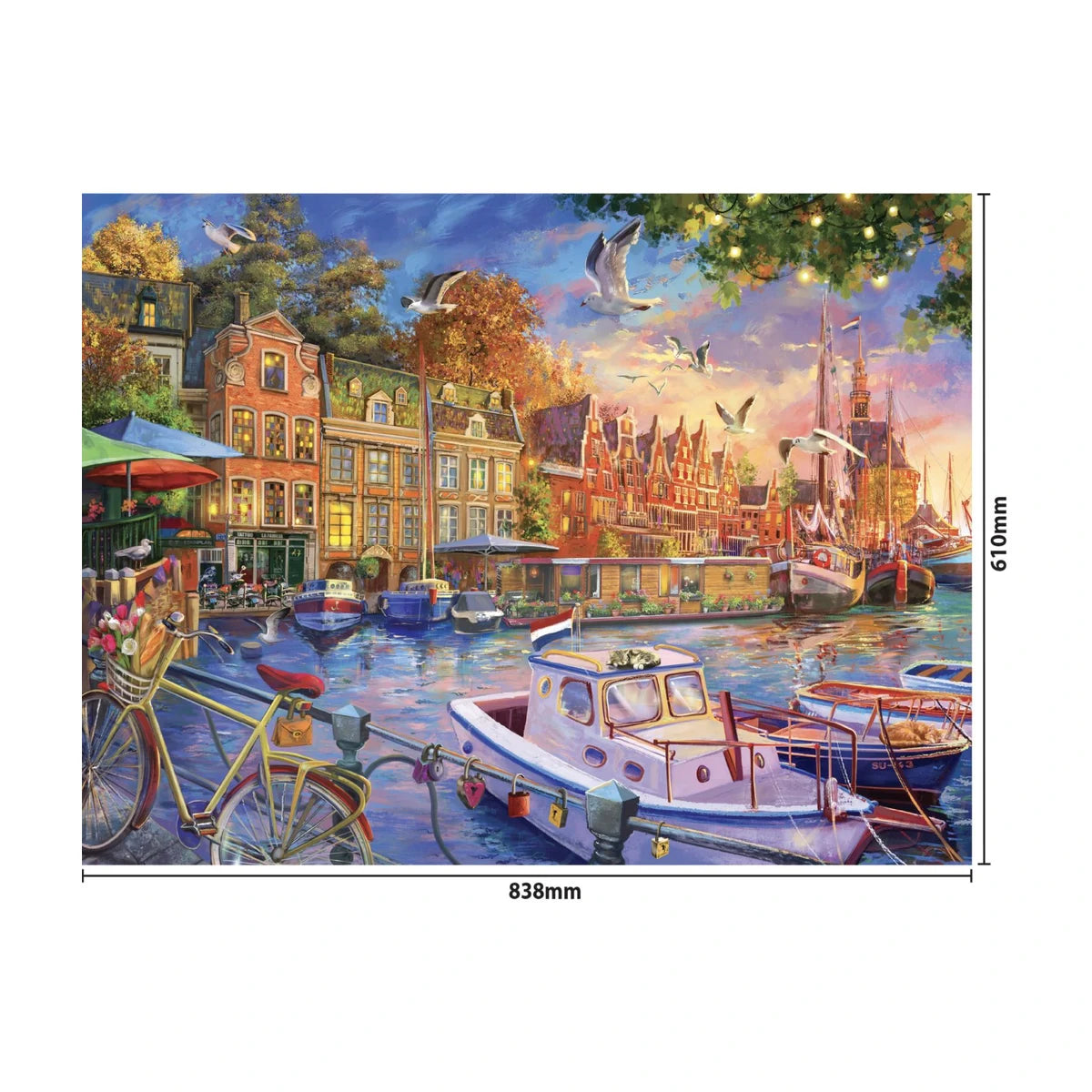 Waterfront Serenity 1500 piece jigsaw puzzle finished size dimensions 838 x 610mm shown on the artwork