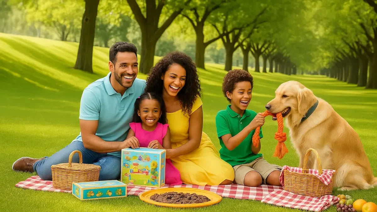 Afrishon World hero banner showing a family playing together outdoors with a dog, highlighting games, toys, pet essentials and wellness for a happier home