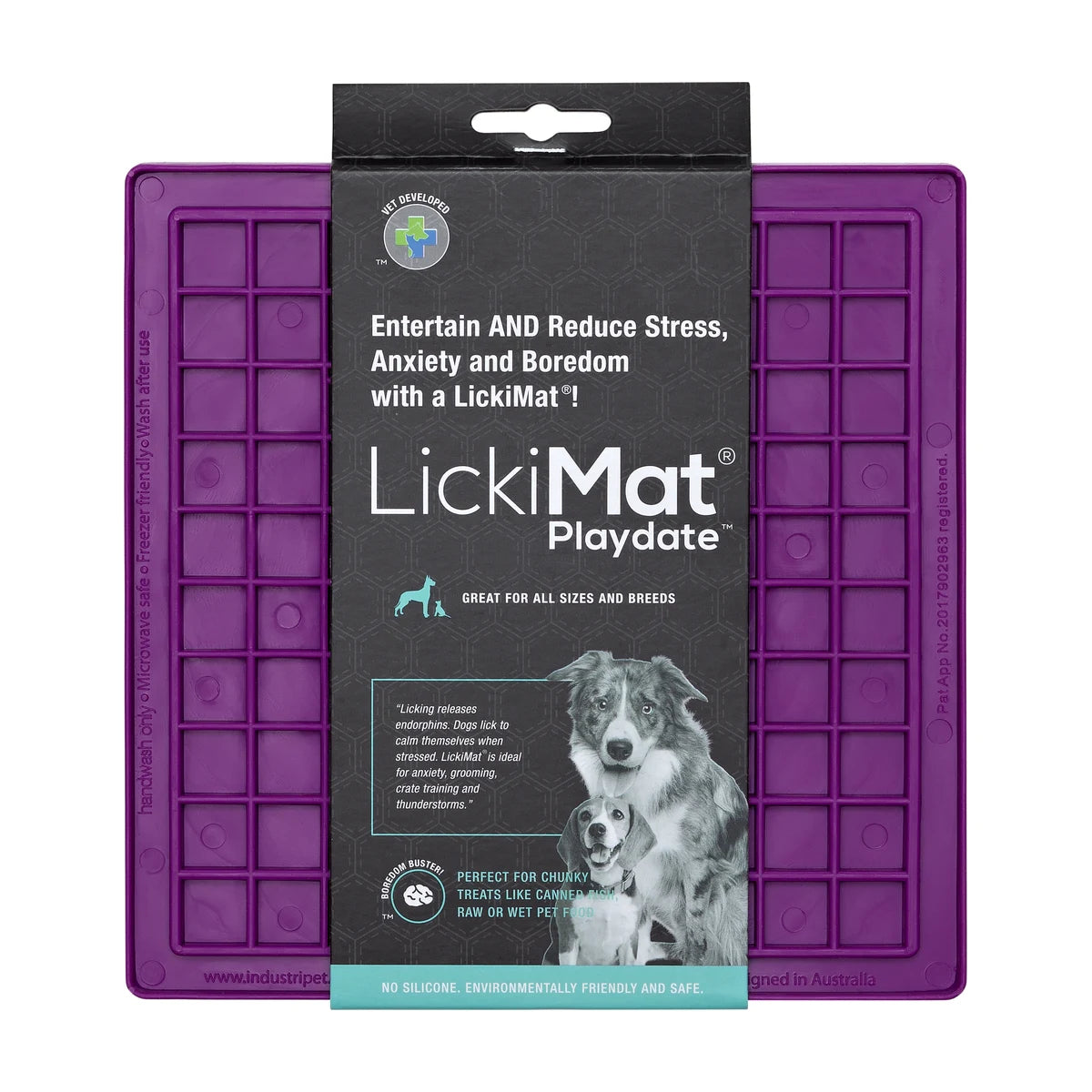 LickiMat Classic Playdate packaging purple slow feeder lick mat for dogs and cats