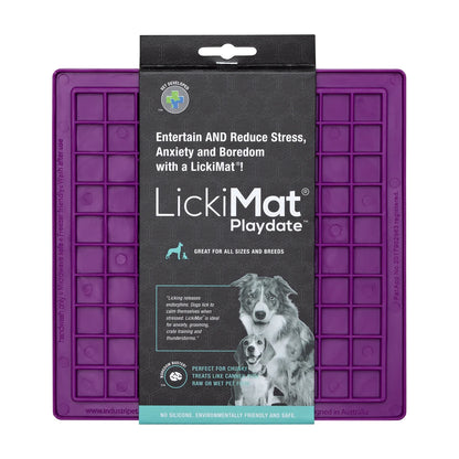 LickiMat Classic Playdate packaging purple slow feeder lick mat for dogs and cats