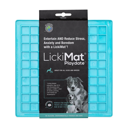 LickiMat Classic Playdate packaging turquoise boredom buster slow feeder mat for dogs and cats