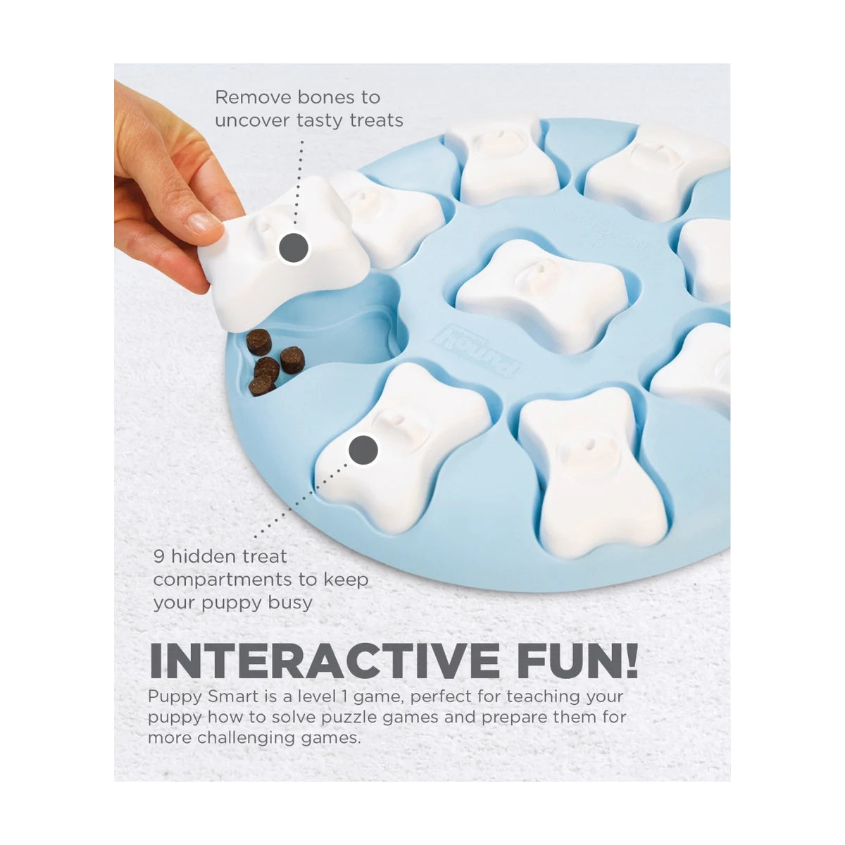 Close-up of Nina Ottosson Puppy Smart blue puzzle showing treat compartments under bone covers