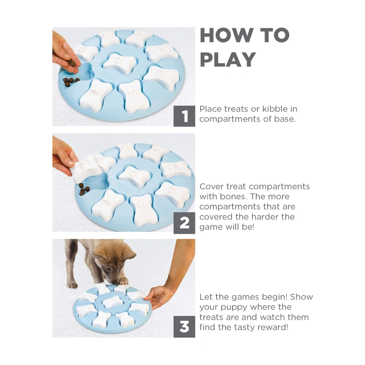 How to play Nina Ottosson Puppy Smart level 1 blue puzzle place treats cover compartments and let puppy find rewards