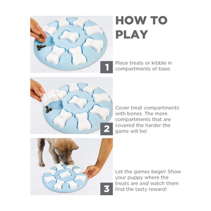 How to play Nina Ottosson Puppy Smart level 1 blue puzzle place treats cover compartments and let puppy find rewards
