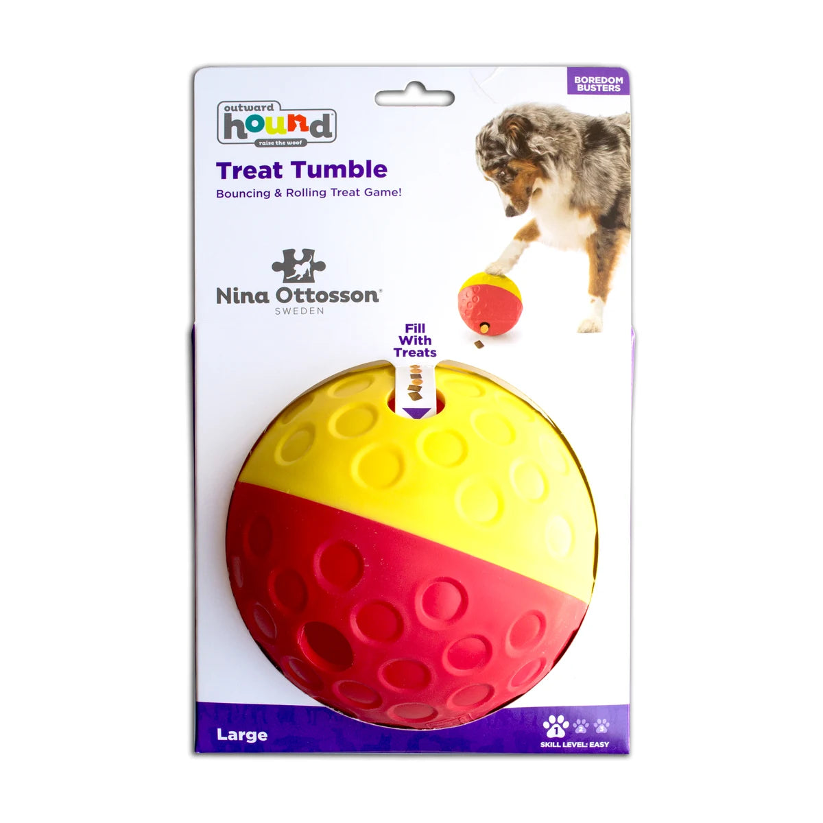 Nina Ottosson Treat Tumble Large Level 1 dog puzzle toy packaging front