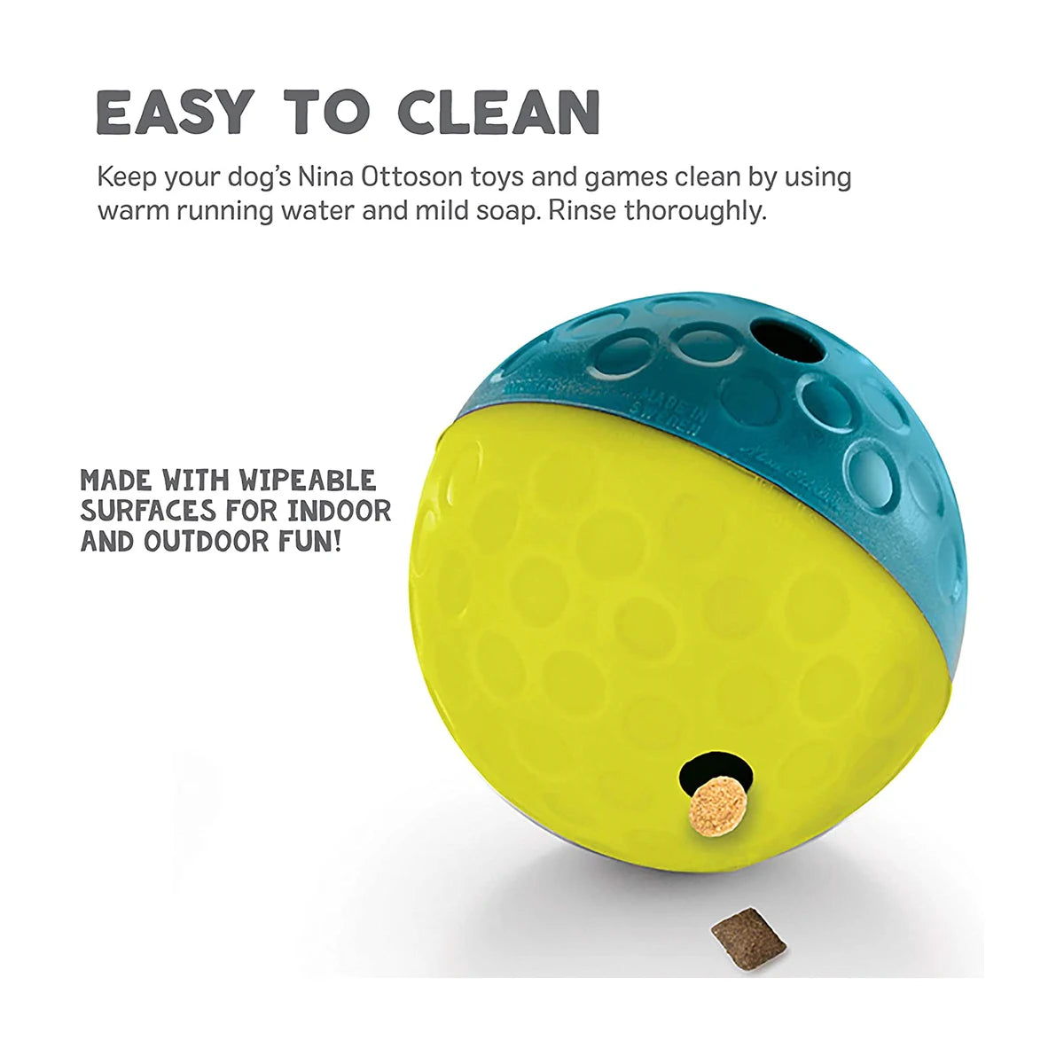Easy to clean Nina Ottosson Treat Tumble small blue dog puzzle toy rinse with mild soap and water