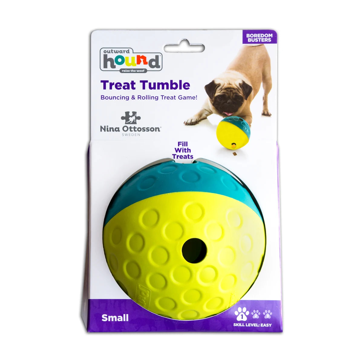 Nina Ottosson Treat Tumble Small blue Level 1 dog puzzle toy packaging front