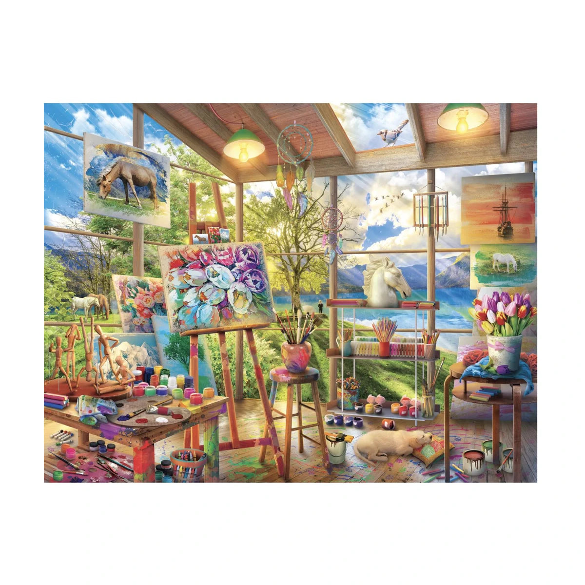 RGS Artists Room 1000 piece jigsaw puzzle studio artwork featuring colourful art supplies and scenic mountain view