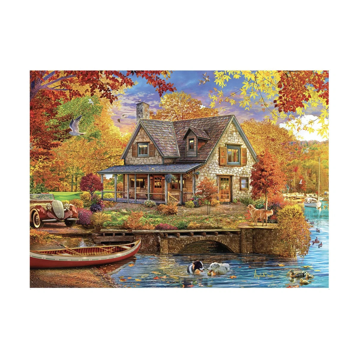 RGS Autumn Cottage 1500 piece puzzle artwork showing cozy autumn country house by the water