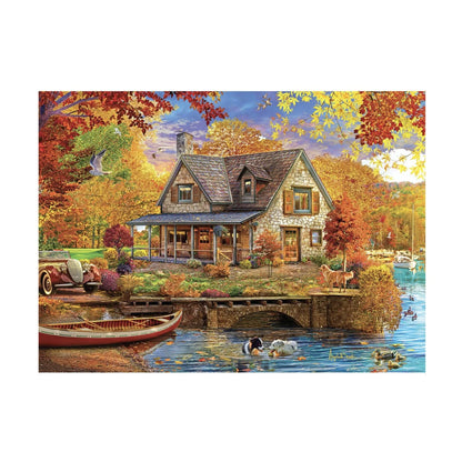 RGS Autumn Cottage 1500 piece puzzle artwork showing cozy autumn country house by the water