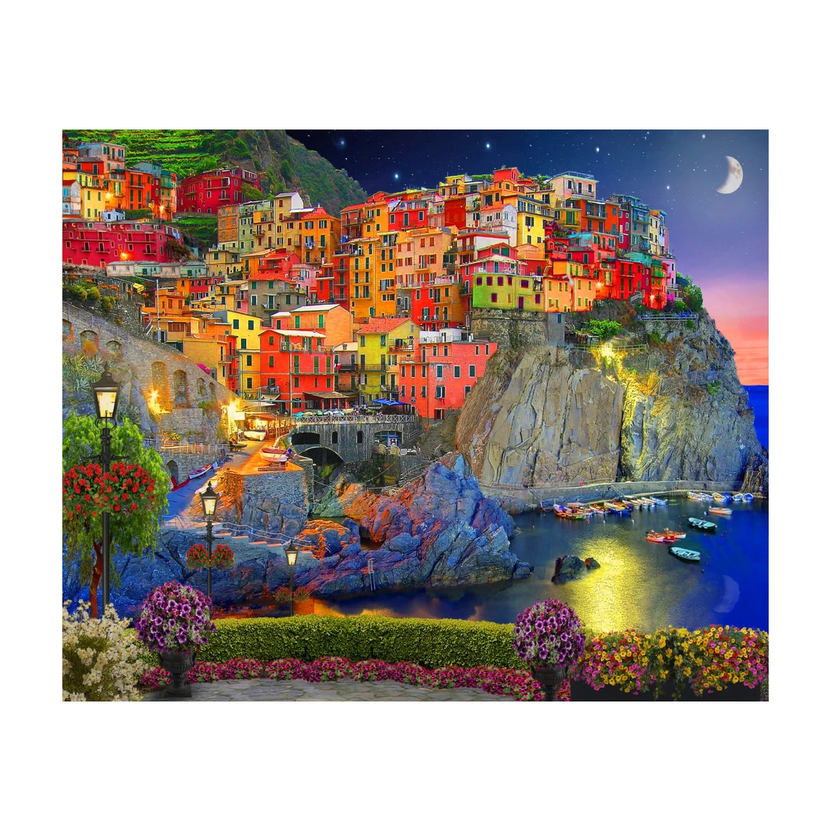 RGS Cinque Terre Italy 1500 piece jigsaw puzzle artwork showing colourful seaside village at sunset