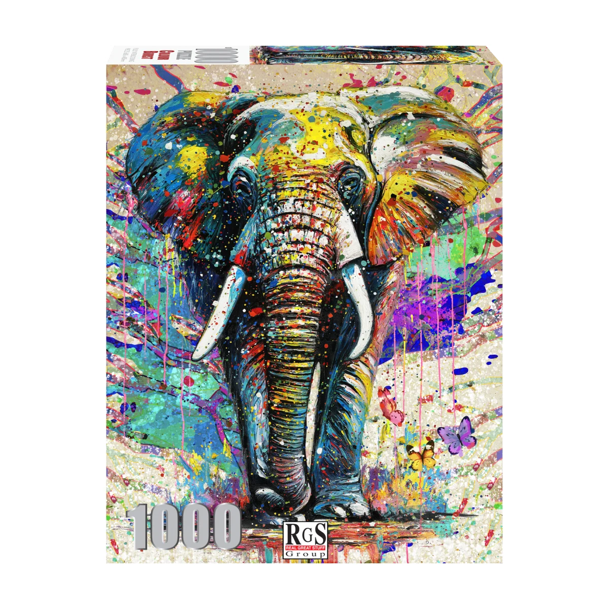 RGS Colour Burst 1000 piece puzzle box showing the colourful elephant design