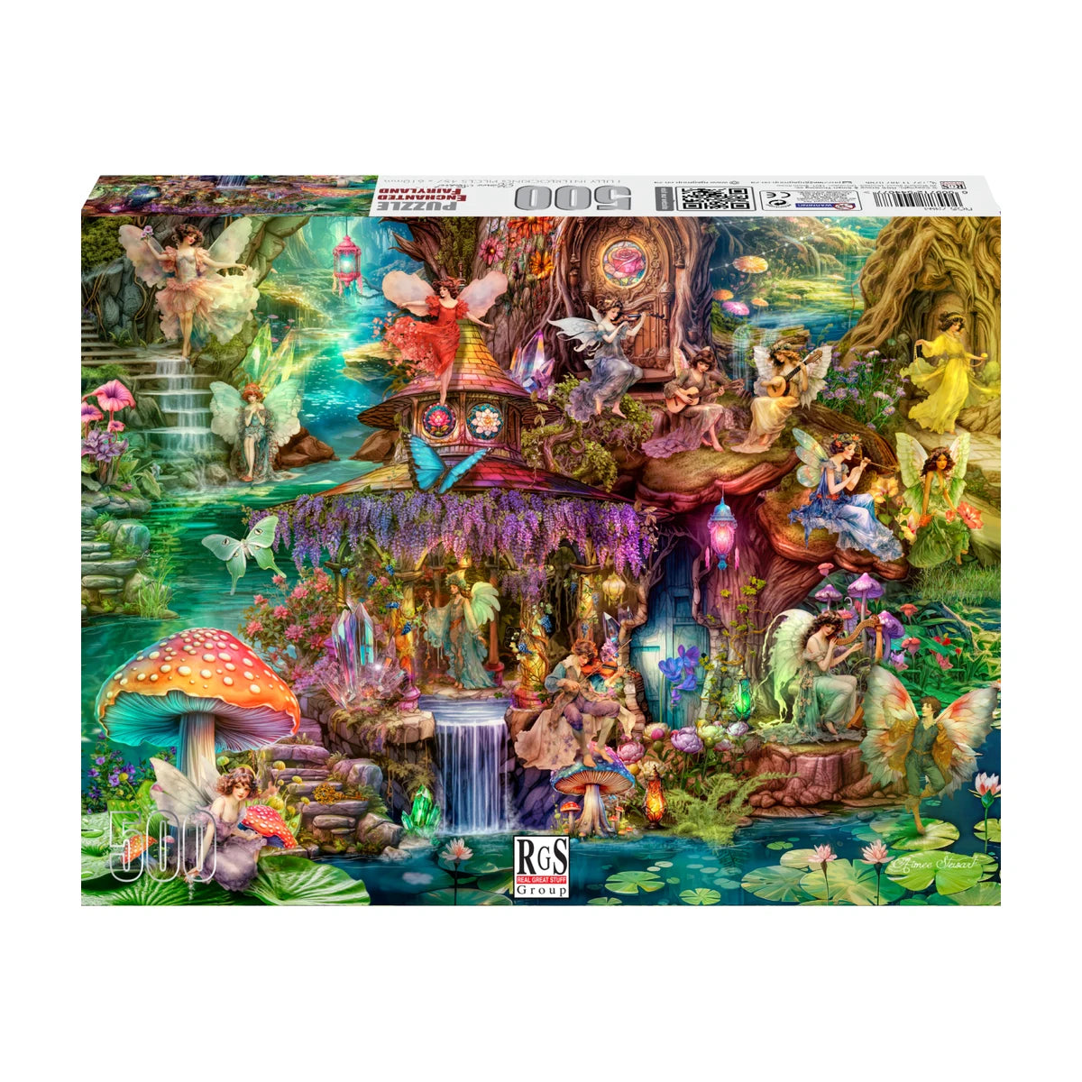 RGS Enchanted Fairyland 500 piece jigsaw puzzle box packaging showing the enchanted fairy village artwork preview