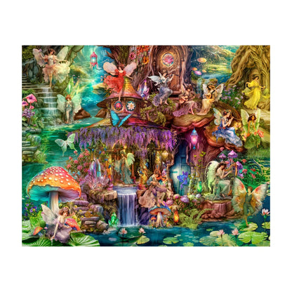 RGS Enchanted Fairyland 500 piece jigsaw puzzle artwork showing a fairy village with waterfalls butterflies lanterns and magical details
