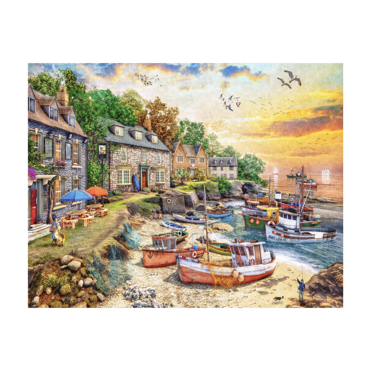 RGS English Harbour Life 1500 piece jigsaw puzzle artwork showing coastal village and boats