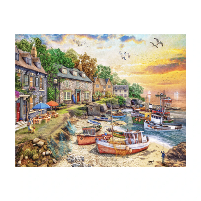 RGS English Harbour Life 1500 piece jigsaw puzzle artwork showing coastal village and boats