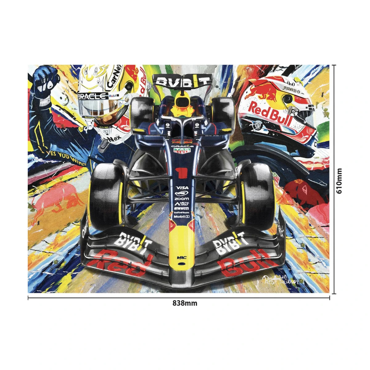 Finished size of the RGS Fast Lane 1500 piece puzzle shown as 838 x 610mm