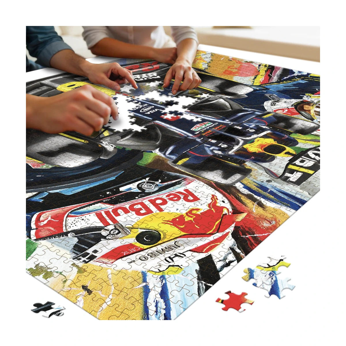 People completing the RGS Fast Lane 1500 piece jigsaw puzzle with close-up of pieces and race car artwork