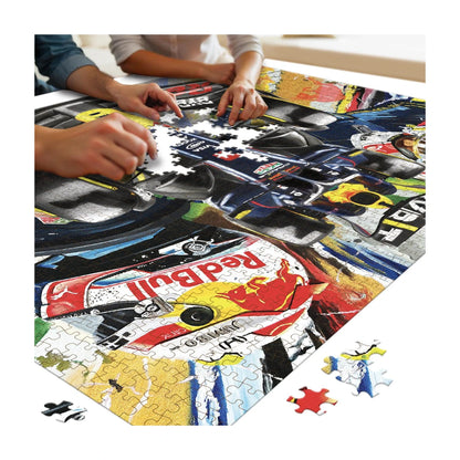 People completing the RGS Fast Lane 1500 piece jigsaw puzzle with close-up of pieces and race car artwork
