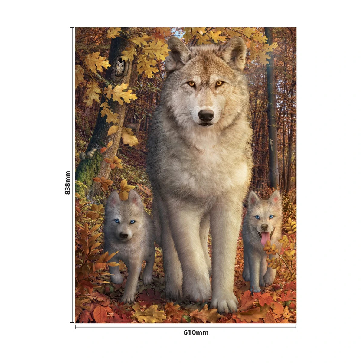 Forest Wolves 1500 piece jigsaw puzzle finished size 838 x 610mm shown on the artwork image
