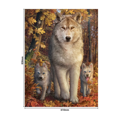 Forest Wolves 1500 piece jigsaw puzzle finished size 838 x 610mm shown on the artwork image