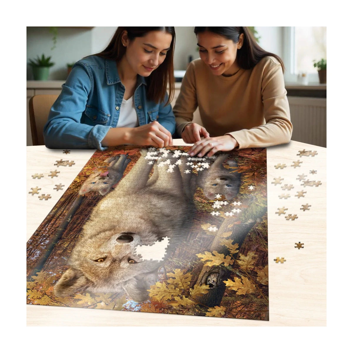 People assembling the Forest Wolves 1500 piece jigsaw puzzle on a table showing detailed autumn forest wolf artwork