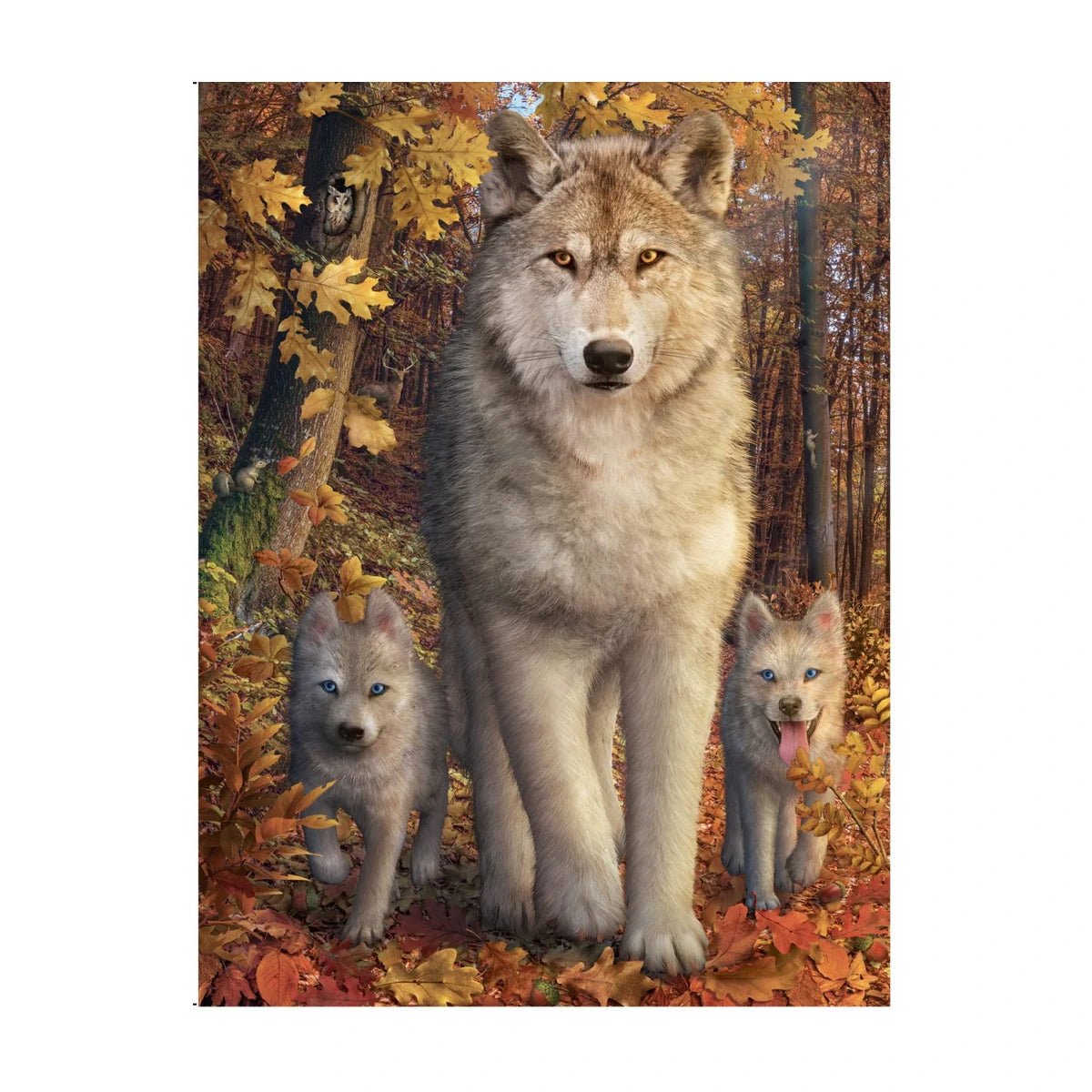 RGS Forest Wolves 1500 piece jigsaw puzzle showing a mother wolf with two wolf pups in an autumn forest artwork